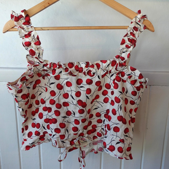 Reformation Corset Bustier Crop Top 10 White Red Cherry Print Linen Lace Up Tank - Picture 3 of 12